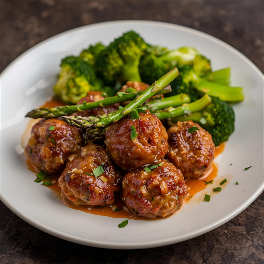 Bolitas de carne magra con vegetales verdes