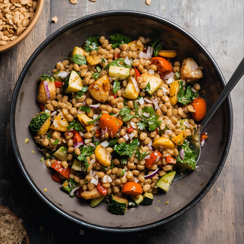 Ensalada templada de lentejas con vegetales asados