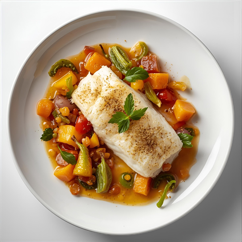 Pescado blanco al vapor con verduras