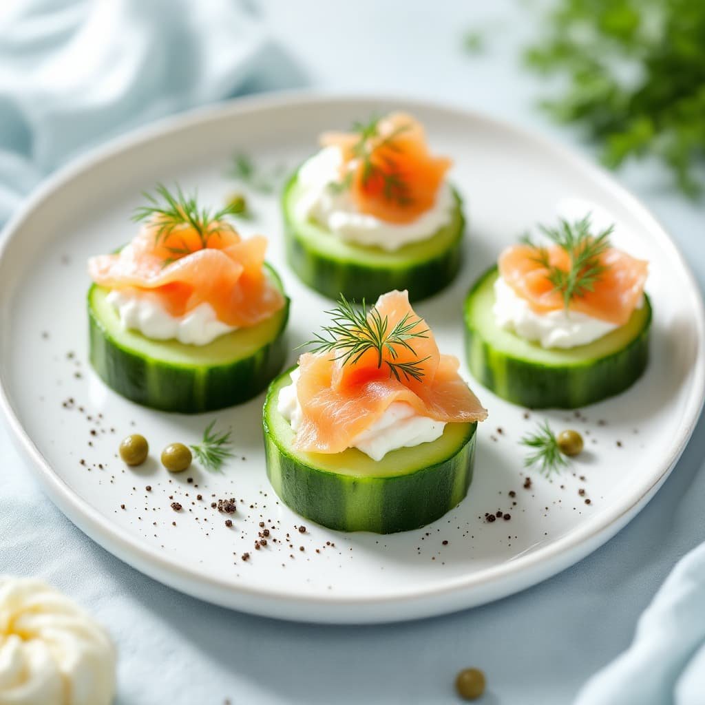 Bocadillos de pepino con queso crema y salmón ahumado