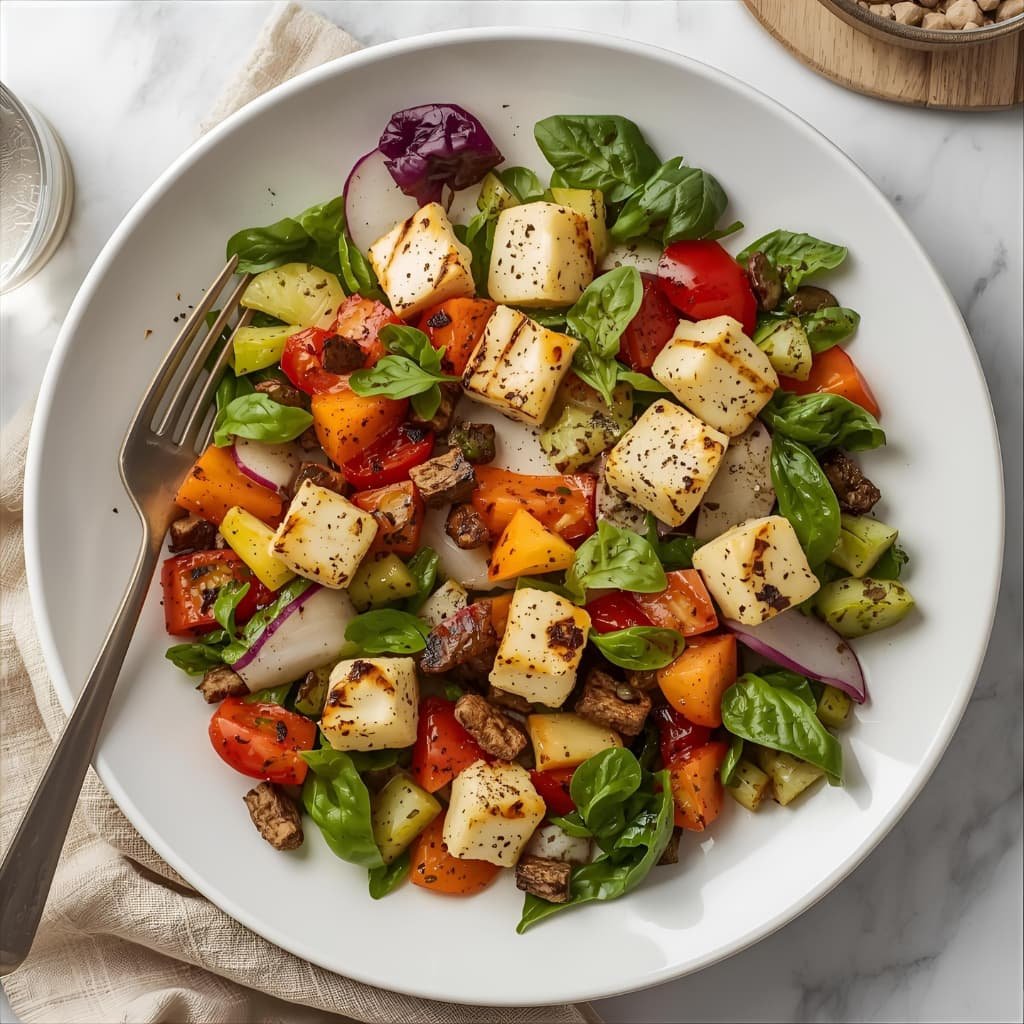 Ensalada mediterránea con halloumi dorado