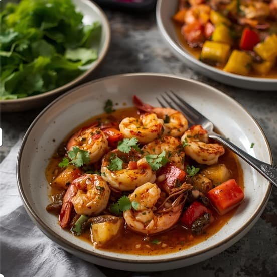 Gambas al pil-pil con verduras asadas