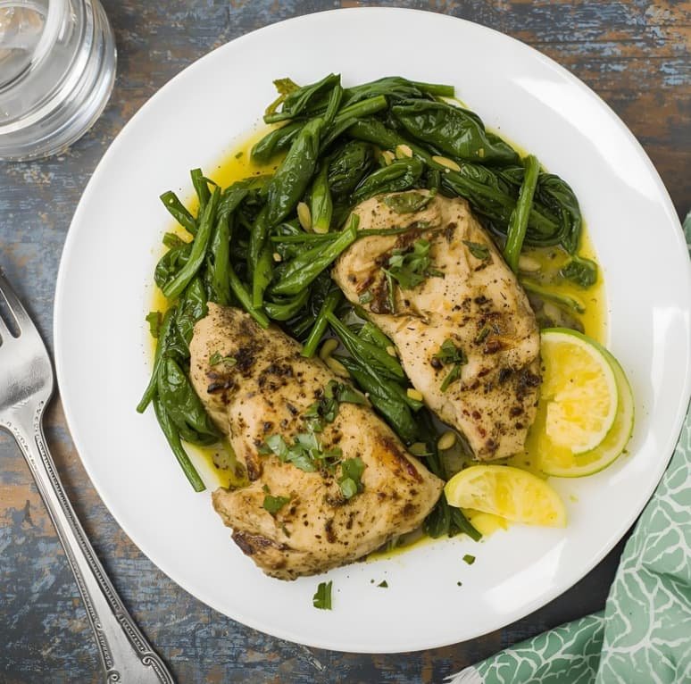 Pollo al ajillo con espinacas salteadas