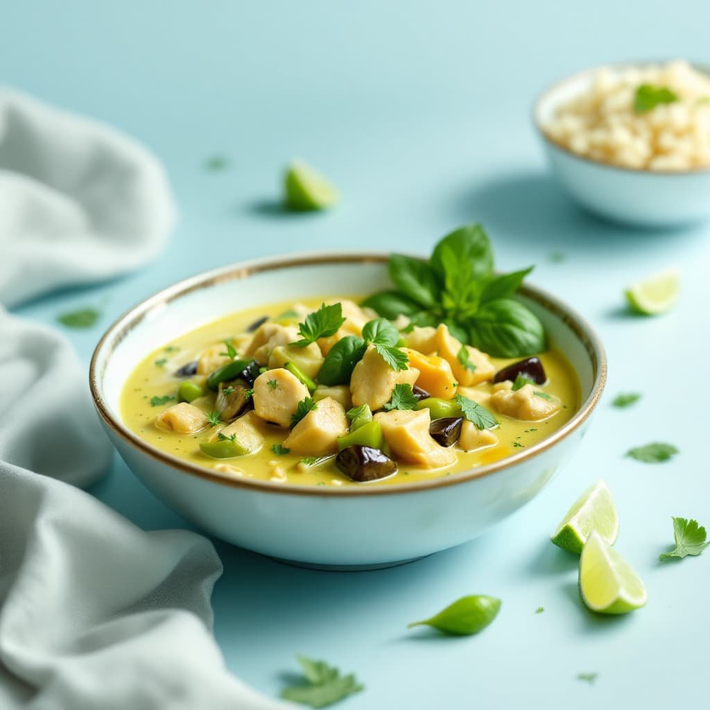 Curry verde de pollo con coco y vegetales