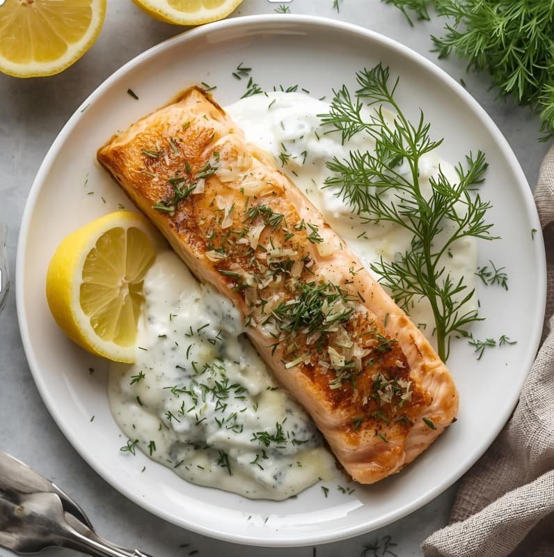 Salmón al horno con salsa ligera de yogur y eneldo