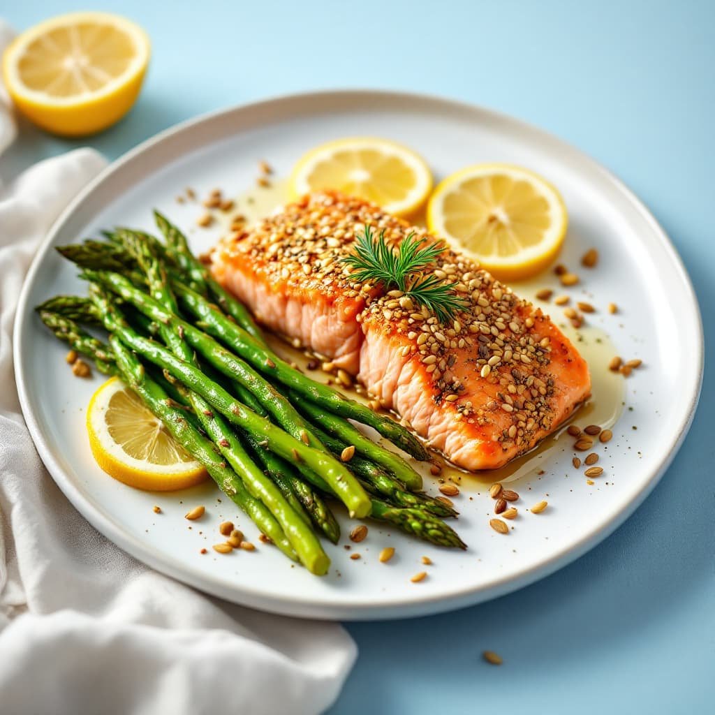 Salmón con costra de semillas y espárragos asados